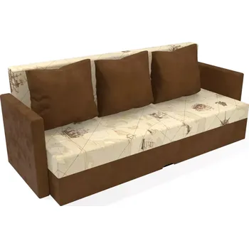 Pohovka Čalouněná rozkládací pohovka Karin vzorovaná s područkami - Mapa/hnědá, Molitanová 12 cm, Bez taburetu