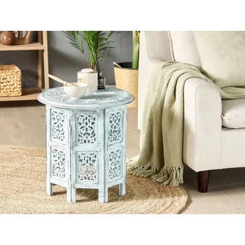 Konferenční stolek Příruční stolek modrý mangové dřevo kulatá základna 45 x 45 cm vintage rustikální design Beliani