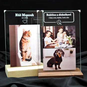 Fotoalbum Skleněný stojánek na fotky s libovolným textem a vyměnitelnými fotografiemi