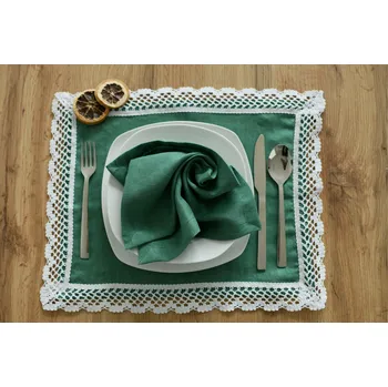 prostírání Nelly lněné prostírání s paličkovanou krajkou zelené 33x42cm