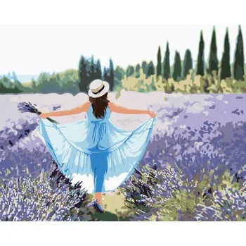 Diamondi Diamantové malování - LEVANDULOVÉ POLE A ŽENA V MODRÝCH ŠATECH Rozměr: 40x50 cm, Rámování: vypnuté plátno na rám
