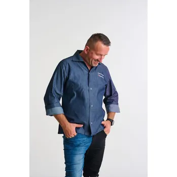 Gastro oděv EGOchef Kuchařský rondon VIP s košilovým střihem UNISEX - jeans - dlouhý rukáv XXXL E-2080067C3XL