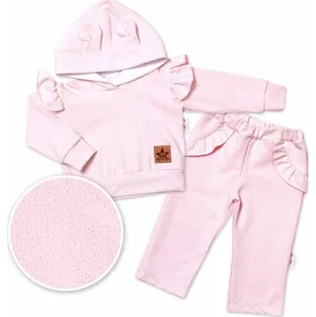 Dětská móda BABY NELLYS Dětská tepláková souprava s kapucí, volánky a oušky, růžová 74 (6-9m)