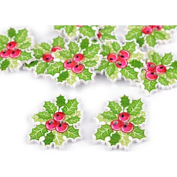 Knoflík Dřevěný dekorační knoflík vánoční, malé, 4 zelená sv. cesmína