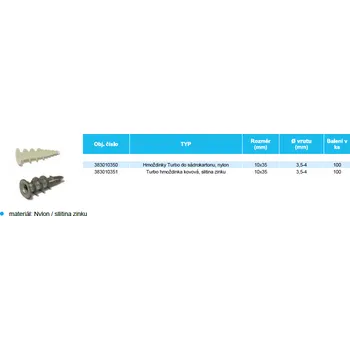 Hmoždinka SOLIDA hmoždinka 10x35mm turbo, do sádrokartonu, nylon, T403909