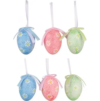 Velikonoční dekorace Vajíčka s kytičkami plastová na zavěšení 6 cm, 6 kusů v sáčku
