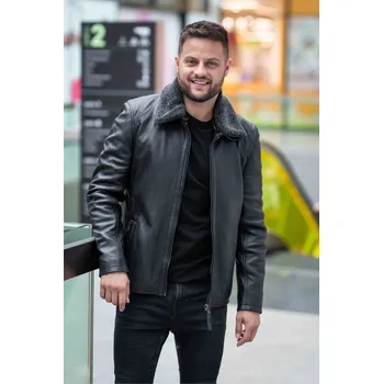 Pánská casual bunda ČERNÁ PÁNSKÁ KOŽENÁ BUNDA GMGROVER S KOŽEŠINOVÝM LÍMCEM Velikost L