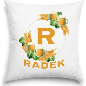 Dekorativní polštářek Polštář - Pivní věnec s monogramem a jménem Radek