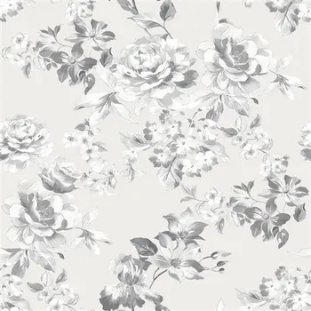 Tapeta Papírové tapety matné bílo-šedé květy na stříbrném podkladu