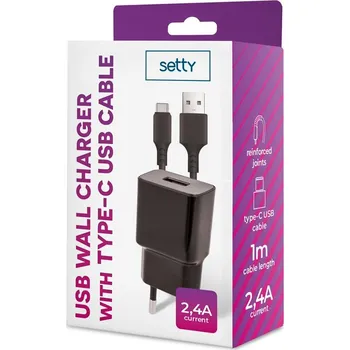 SETTY síťová nabíječka 1x USB 2,4A černá + USB-C kabel 1,0m (GSM108852)