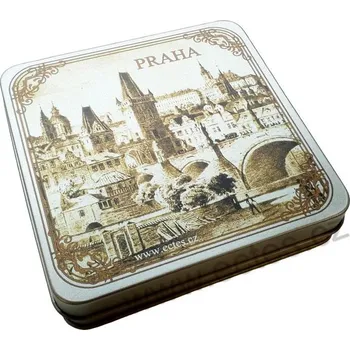Dóza na potraviny PRAHA PANORAMA plechová dóza stříbrná PL406LH litografie panoramatický pohled na Malou stranu a Hradčany s Karlovým mostem