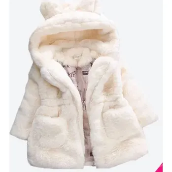 Dívčí chlupatý zimní kabátek s "oušky" na kapuci Barva: Bílá, Velikost: 130/6 let