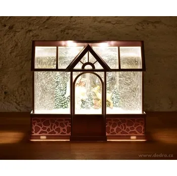 Vánoční dekorace 20 cm svítící LED domeček s poletujícími třpytkami, zimní atmosféra