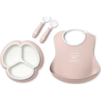dětská jídelní sada BabyBjörn 4 dílný jídelní set s děleným talířkem pudrově růžový