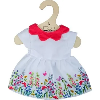 Dámské šaty Bigjigs Toys Bílé květinové šaty s červeným límečkem pro panenku 38 cm