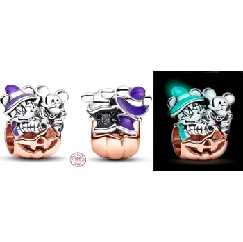 Přívěsek Charm Sterlingové stříbro 925 Disney Mickey Mouse & Minnie Mouse, zářící ve tmě, Halloweenský dýňový luminozní korálek na náramek