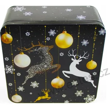 Dóza na potraviny DEER BLACK GOLD černá plechová dóza na cukroví 3433 jeleni, vánoční koule a bílé vločky