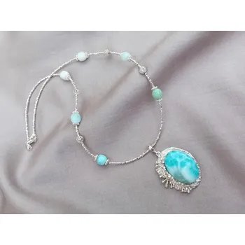 Přívěsek Náhrdelník larimar, stříbro, stříbrný přívěsek korálový květ s larimarem