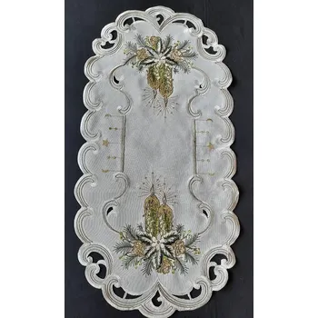 ubrus UBRUS vyšívaný 70 x 35 vánoční šampáňo + zelená svíčka