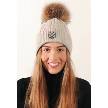 Čepice R-JET Béžová dámská zimní pletená čepice s pravou kožešinovou odepínací bambulí
