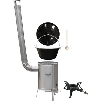 Kempingové nádobí Smaltovaný kotlík 13 L (1,2 mm) + nerezová kotlina 36 cm + litinový hořák 7 kW, vařečka LUX