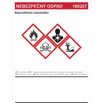 Značení Nebezpečný odpad 180207 - Nepoužitelná cytostatika samolepící vinylová fólie A7 (105 x 74 mm)