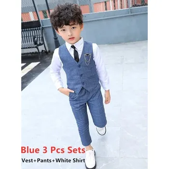Klučičí elegantní set společenské kalhoty + vesta + košile (1 - 12 let) Barva: Blue 3 Pcs Sets, Velikost: 100 (3 roky)