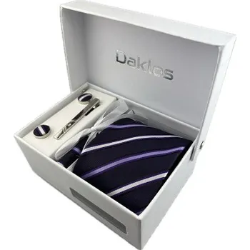 Kravata Luxusní set tmavě fialový, světle fialové a bílé proužky - Kravata, kapesníček, manžetové knoflíčky, kravatová spona