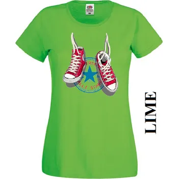 levne-divci-tricko-potisk-tenisky-converse Barva: Lime - limetkově zelená, Výstřih: Kulatý výstřih kolem krku, EU dámská velikost: eu 32/34 (dívčí prodloužená 116) viz tabulka velikostí