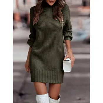 Dámské šaty Elegantní hřejivé dámské pletené šaty s nízkým rolákem Barva: zelená, Velikost: XL