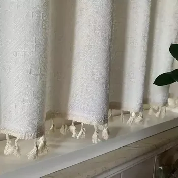 Záclona Bavlněné záclony s jemným vzorem a střapci - Světle béžová,180 x 60cm,Tunel