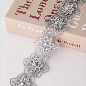 Vyšívaná stuha s perlami a krajkou | 90 cm - 3