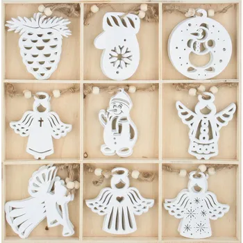 Vánoční dekorace Dekorace dřevěné bílé 6 cm 27 ks v krabičce, na zavěšení