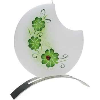 Svíčka Svíčka 1 knot čtyřlístek s beruškou + kovový stojánek (Ručně malovaná svíčka zelený čtyřlístek)