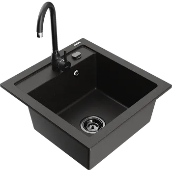 Granitový dřez Mexen Vito granitový dřez 1-komorový s kuchyňskou baterií Telma, černý/zlatý metalický - 6503-75-670200-70-B Granitové dřezy s baterií