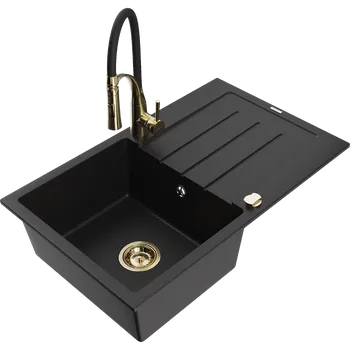 Granitový dřez Mexen Bruno granitový dřez 1-komorový s odkapávačem a kuchyňskou baterií Aster, černý - 6513-77-73450-57-G Granitové dřezy s baterií
