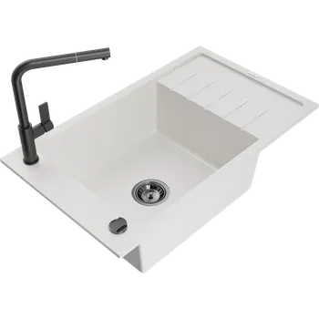 Granitový dřez Mexen Elias granitový dřez 1-komorový s odkapávačem a kuchyňskou baterií Flora, bílý - 6511-20-670401-70-B Granitové dřezy s baterií