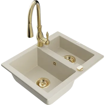 Granitový dřez Mexen Carlos granitový dřez 1,5-komorový s kuchyňskou baterií Savita, béžový - 6518-69-672601-50 Granitové dřezy s baterií