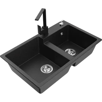 Granitový dřez Mexen Tomas dvoukomorový granitový dřez s kuchyňskou baterií Rita, černý/stříbrný metalík - 6516-73-670300-70 Granitové dřezy s baterií