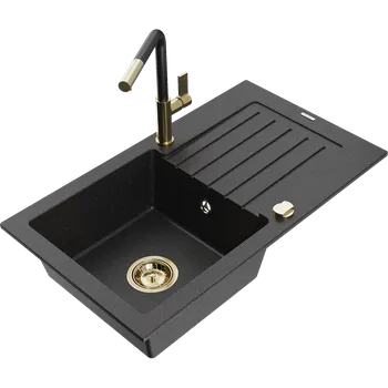 Granitový dřez Mexen Pablo granitový dřez s 1 komorou a odkapávačem a kuchyňskou baterií Flora, černý/stříbrný metalík - 6510-73-670401-57-G Granitové dřezy s baterií
