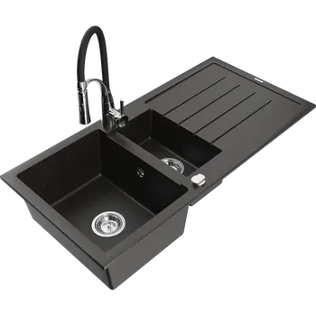 Mexen Andres granitový dřez 1,5-komorový s odkapávačem a kuchyňskou baterií Aster, černý/zlatý metalík - 6515-75-73450-07 Granitové dřezy s baterií