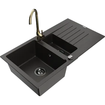 Granitový dřez Mexen Matias granitový dřez 1,5-komorový s odkapávačem a kuchyňskou baterií Telma, černý/zlatý - 6502-75-670200-50-B Granitové dřezy s baterií