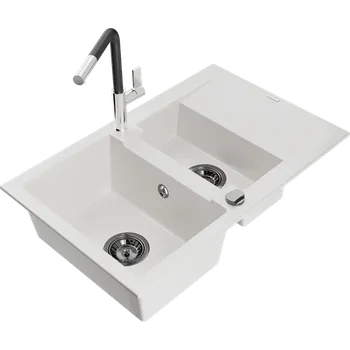 Granitový dřez Mexen Gaspar granitový dřez 1,5-komorový s odkapávačem a kuchyňskou baterií Flora, bílý - 6507-20-670401-07-B Granitové dřezy s baterií