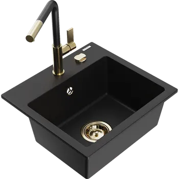 Granitový dřez Mexen Milo granitový dřez 1-komorový s kuchyňskou baterií Flora, černý - 6505-77-670401-57-G Granitové dřezy s baterií