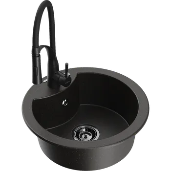 Granitový dřez Mexen Diego granitový dřez 1-komorový s kuchyňskou baterií Aster, černý/zlatý metalik - 6512-75-73450-70-B Granitové dřezy s baterií