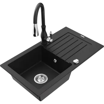 Granitový dřez Mexen Pablo jednodřezový granitový dřez s odkapávačem a kuchyňskou baterií Savita, černý - 6510-77-672601-70 Granitové dřezy s baterií