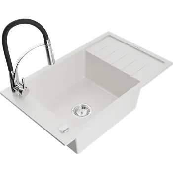 Granitový dřez Mexen Elias granitový dřez 1-komorový s odkapávačem a kuchyňskou baterií Aster, bílý - 6511-20-73450-07 Granitové dřezy s baterií
