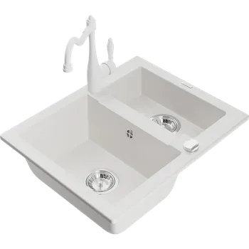 Granitový dřez Mexen Carlos granitový dřez 1,5-komorový s kuchyňskou baterií Carla, bílý - 6518-20-670700-20 Granitové dřezy s baterií