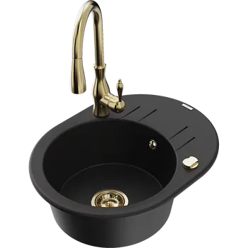 Granitový dřez Mexen Kevin granitový dřez 1-komorový s odkapávačem a kuchyňskou baterií Savita, černý - 6517-77-672601-50 Granitové dřezy s baterií