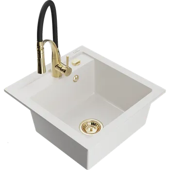 Granitový dřez Mexen Vito granitový dřez 1-komorový s kuchyňskou baterií Aster, bílý - 6503-20-73450-57-B Granitové dřezy s baterií